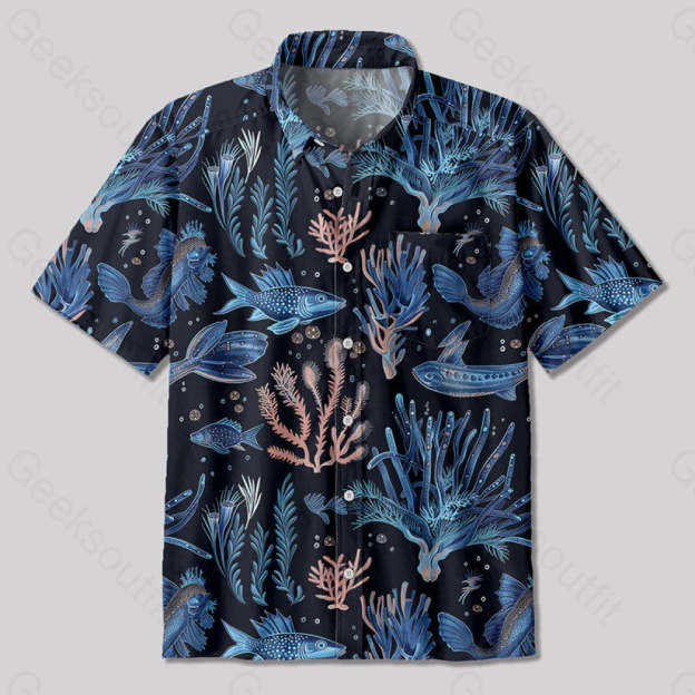 Art Sea Life Blue Button Up Pocket Shirt Up / S Bus556 Yc
