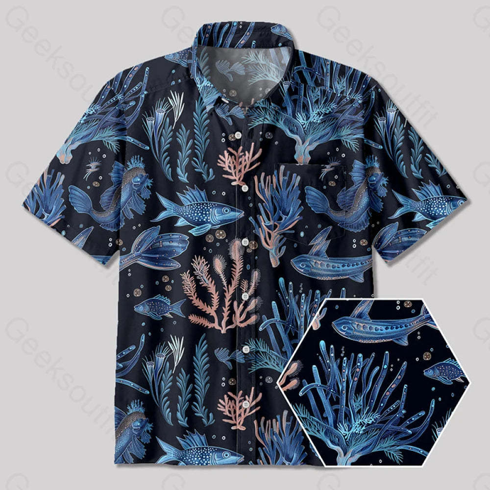 Art Sea Life Blue Button Up Pocket Shirt Yc