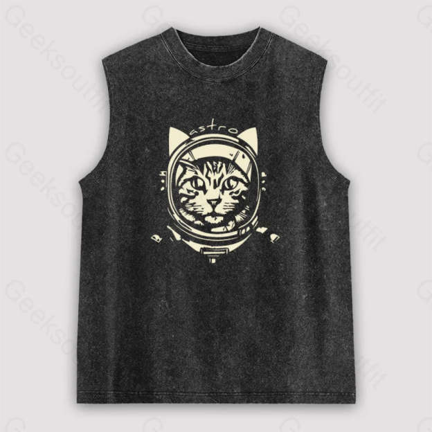 Astro Cat Unisex Washed Tank Black / S