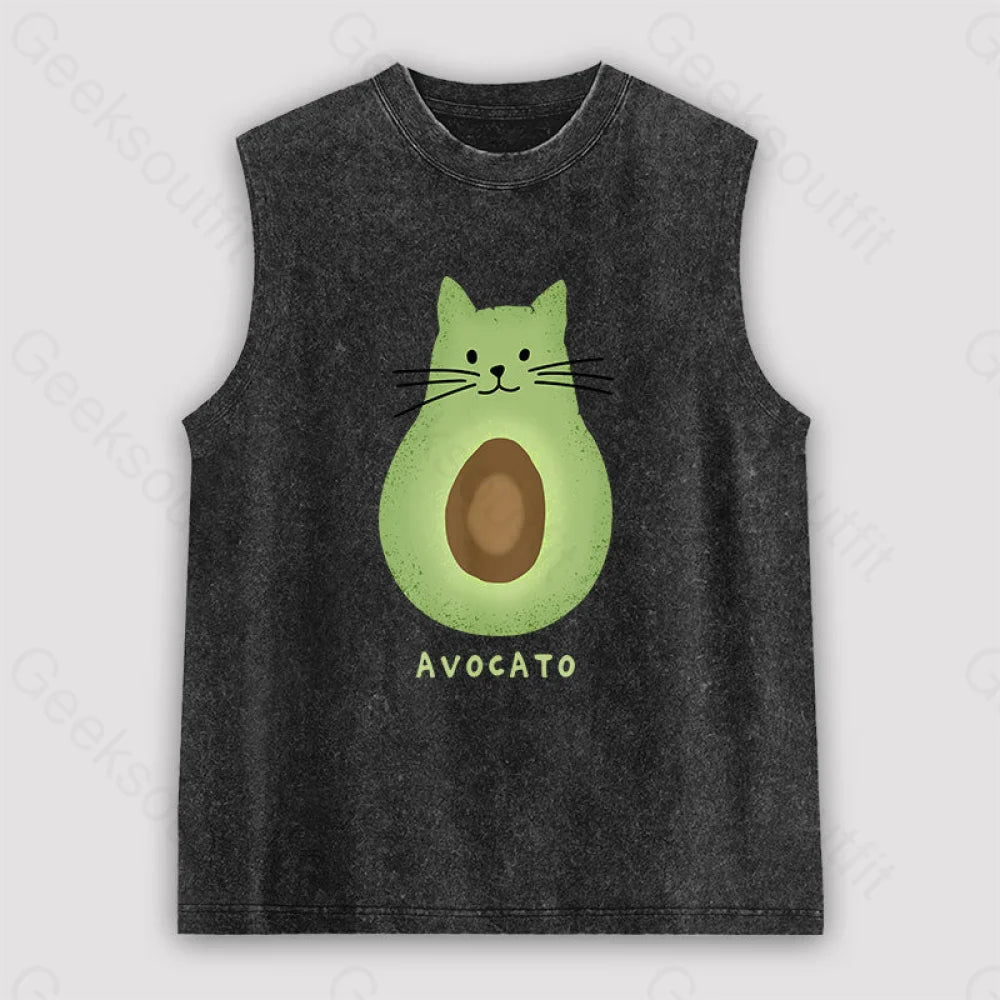 Avocato Cat Avocado Pun Unisex Washed Tank Black / S