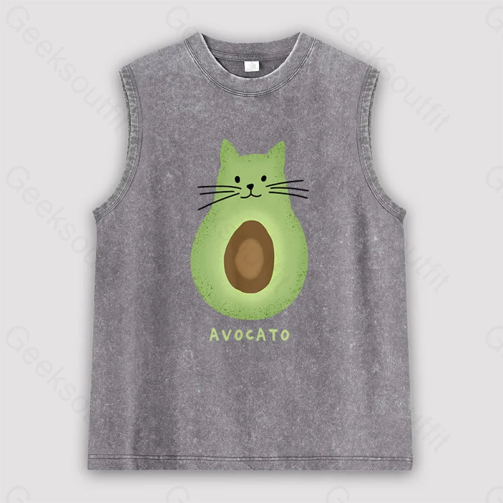 Avocato Cat Avocado Pun Unisex Washed Tank Grey / S