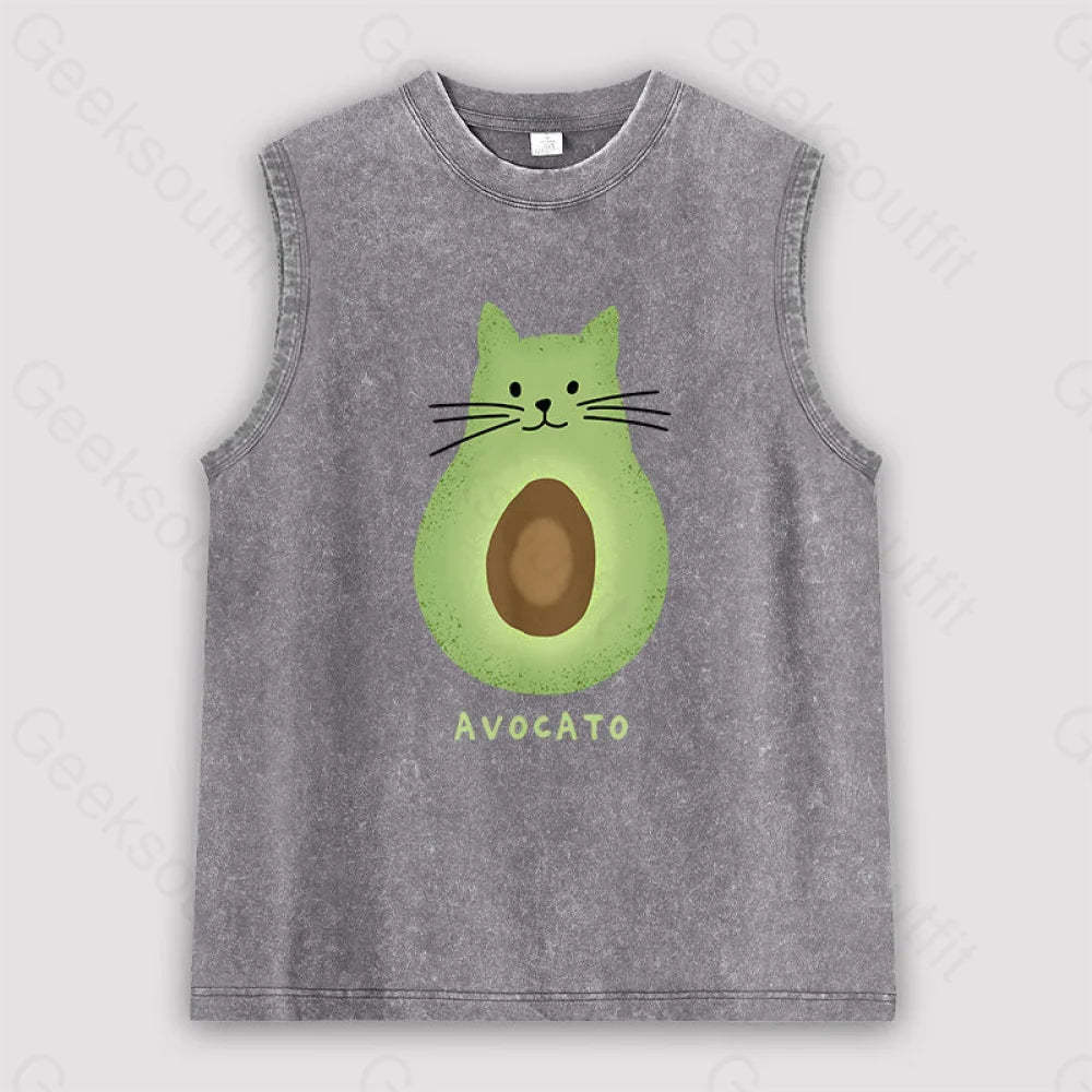 Avocato Cat Avocado Pun Unisex Washed Tank Grey / S