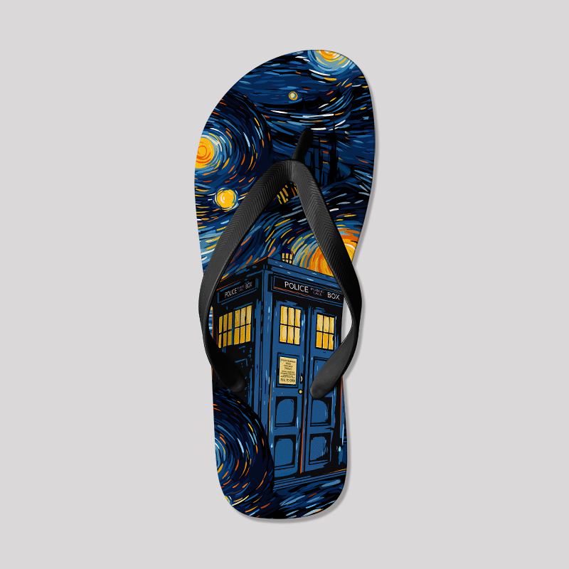 Starry Night Phone Booth Geek Flip Flops