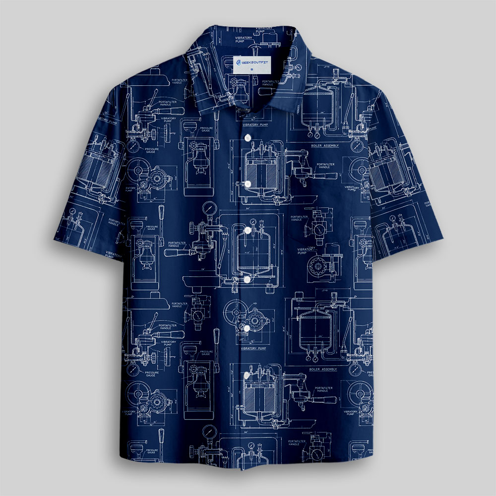 Espresso Machine Blueprint Button Up Pocket Shirt
