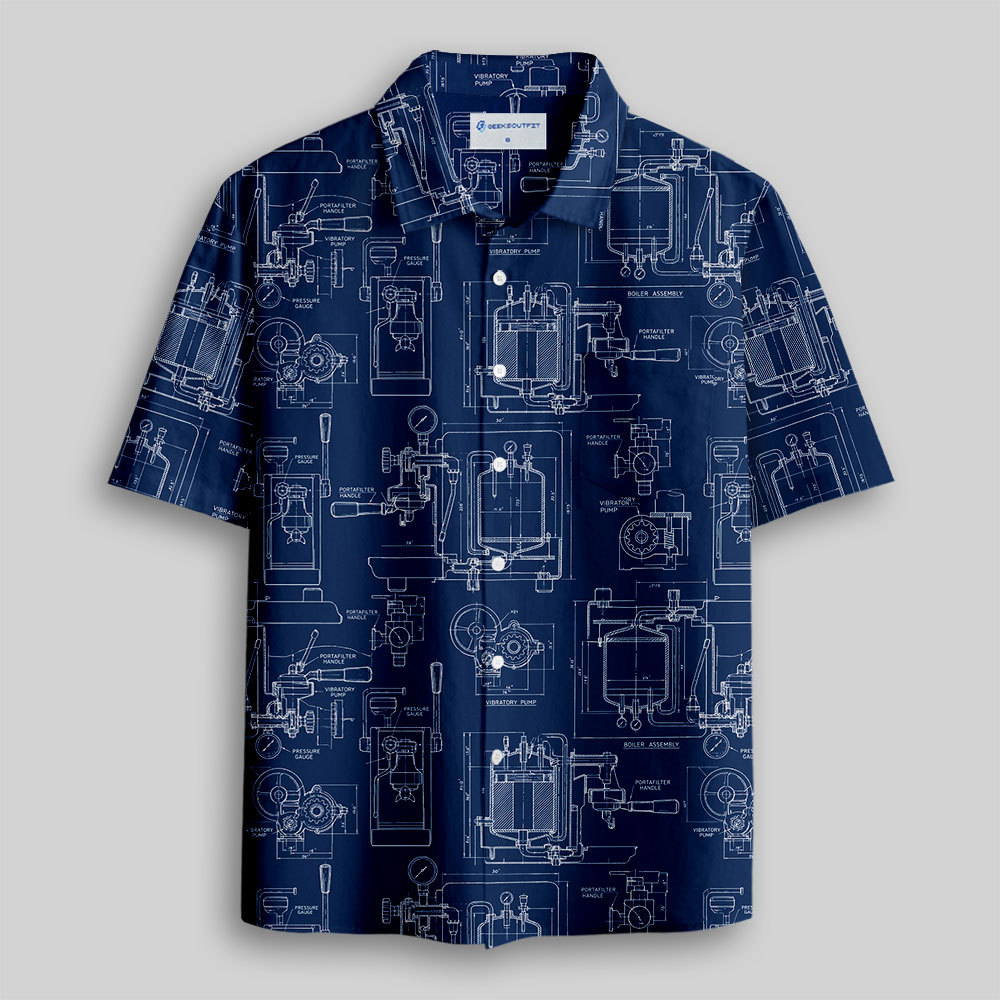 Geeksoutfit Espresso Machine Blueprint Button Up Pocket Shirt for Sale
