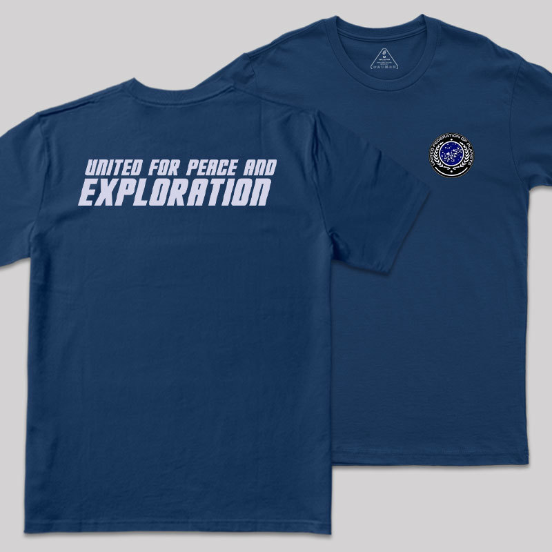 United For Peace And Exploration Front and Back Printing Geek T-Shirt