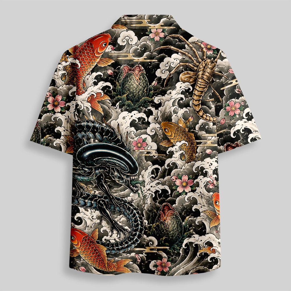 Vintage Ukiyo-e Style Sci-Fi Parasite Larva Sakura Button Up Pocket Shirt