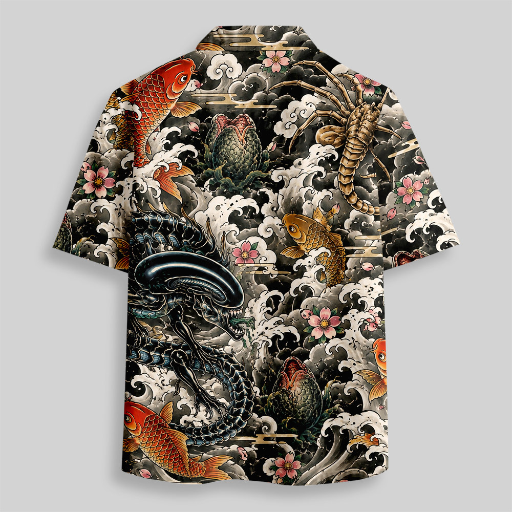 Vintage Ukiyo-e Style Sci-Fi Parasite Larva Sakura Button Up Pocket Shirt
