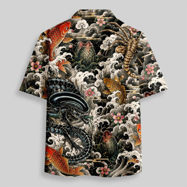 Vintage Ukiyo-e Style Sci-Fi Parasite Larva Sakura Button Up Pocket Shirt