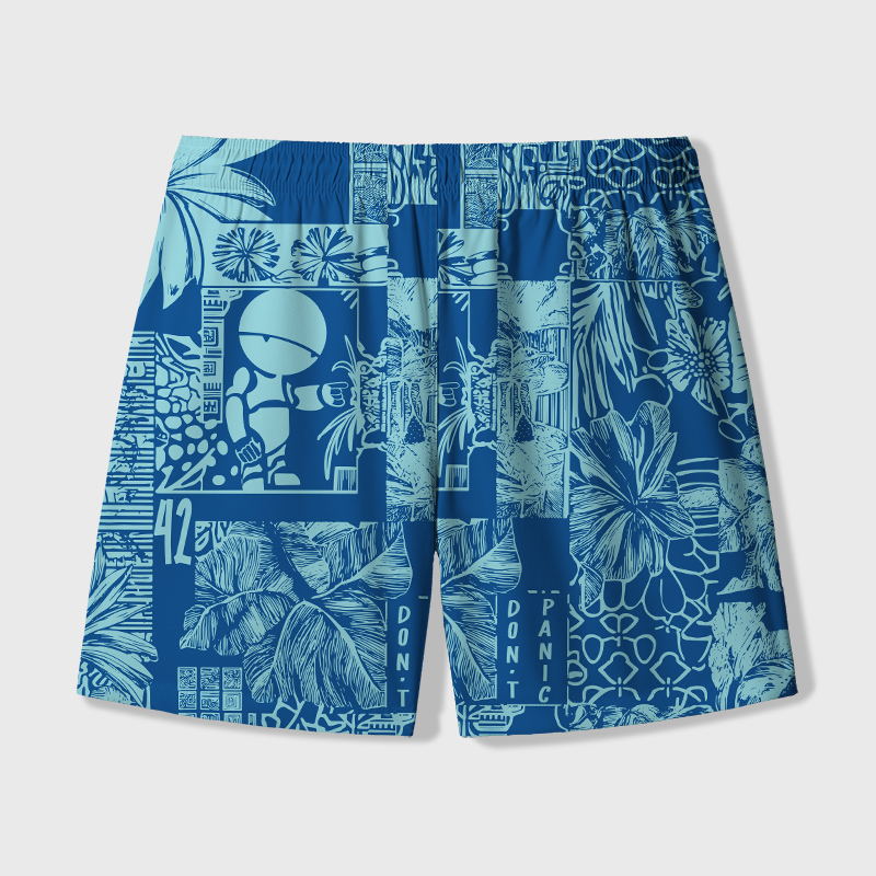 Don't Panic Blue Geek Hawaiian Swim Trunks