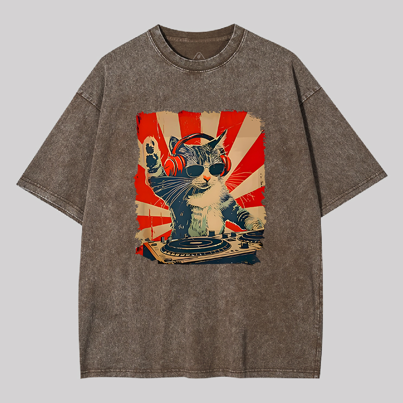 Rock Music Cat Vintage Geek Washed T-shirt