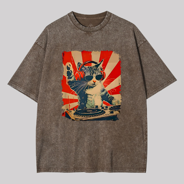 Rock Music Cat Vintage Geek Washed T-shirt