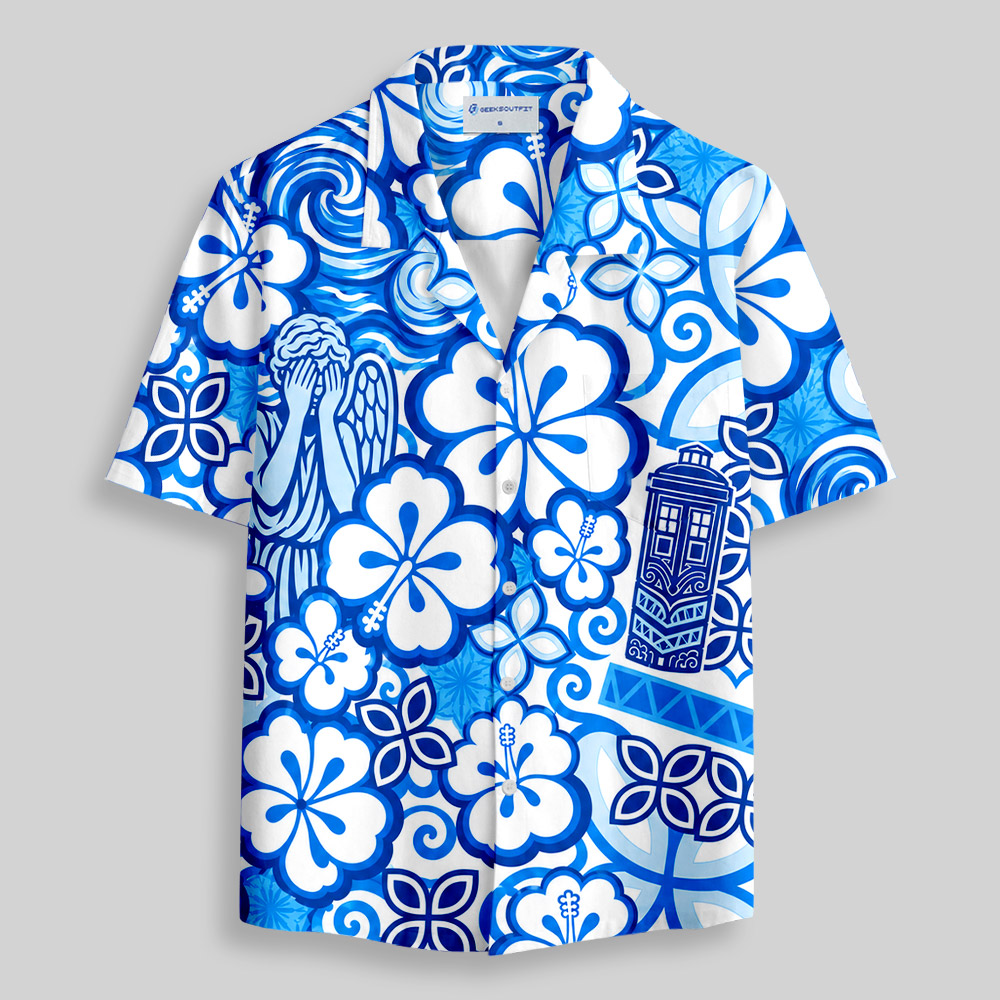 Time Travel Weeping Statue Hibiscus Phone Box Hawaii Button Up Pocket Shirt