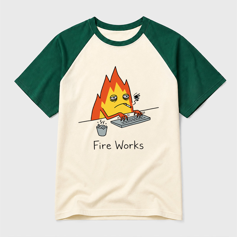Fire Works Overworked Flame Geek Retro Raglan T-Shirt