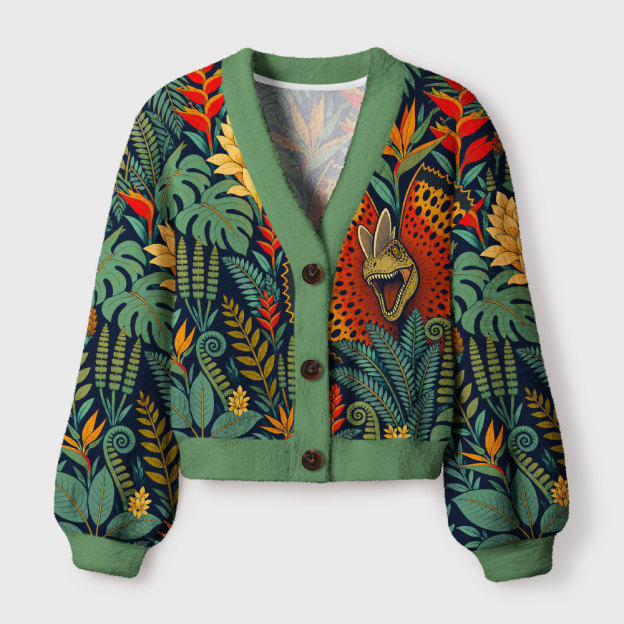 Dilophosaurus Tropical Rainforest Geek Women's Cropped Cardigan-Sweater