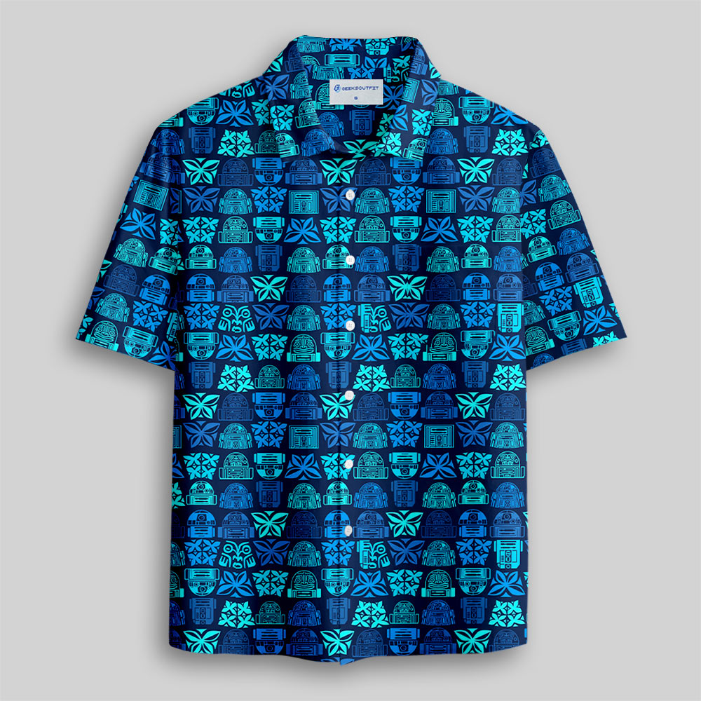 Robot Hawaiian Pattern Button Up Pocket Shirt