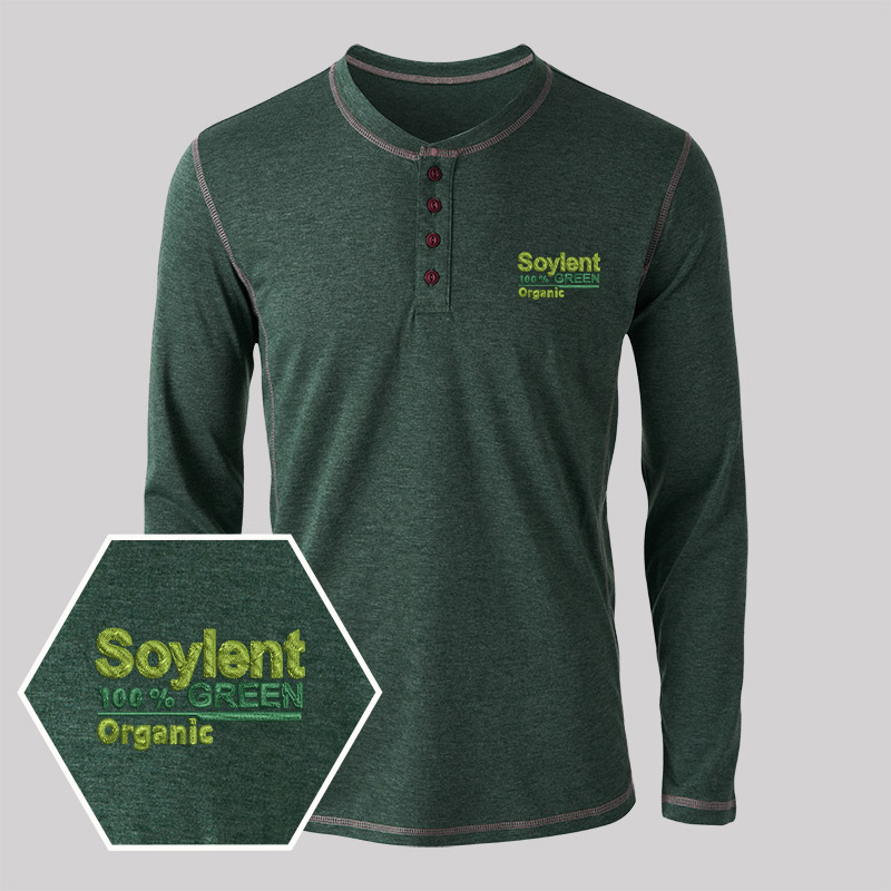 Soylent Green Geek Embroidered Long Sleeve Henley Shirts