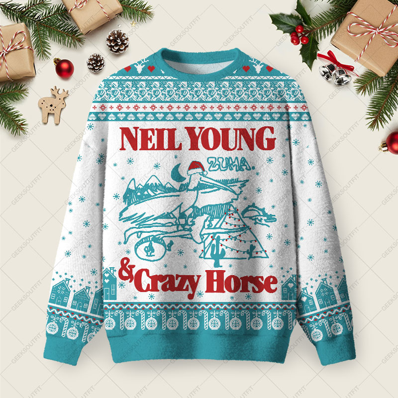 Geeksoutfit Neil Young & Crazy Horse Ugly Christmas Fuzzy Fleece Sweatshirt for Sale