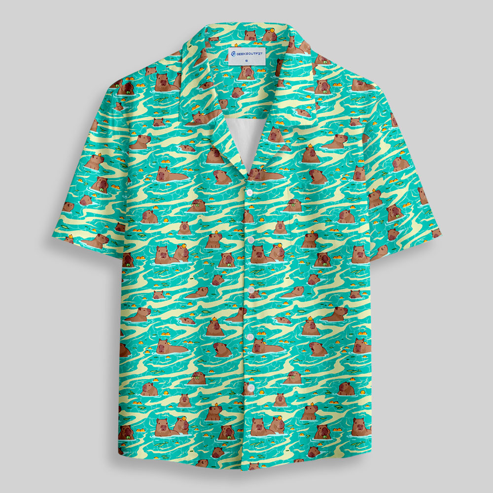 Capybara Swimming Hawaii Button Up Pocket Shirt