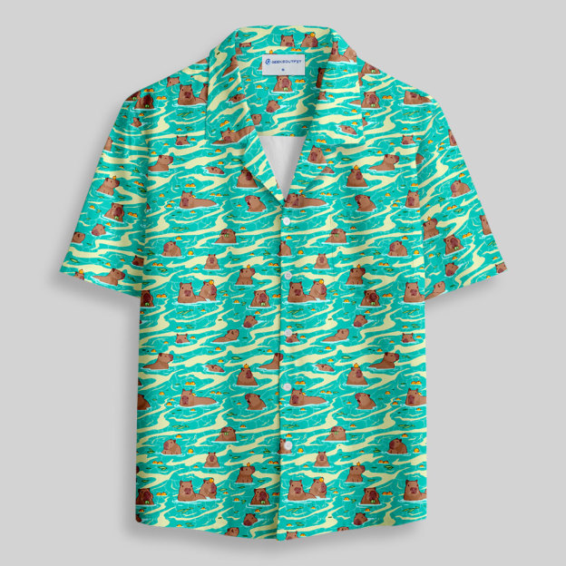 Capybara Swimming Hawaii Button Up Pocket Shirt