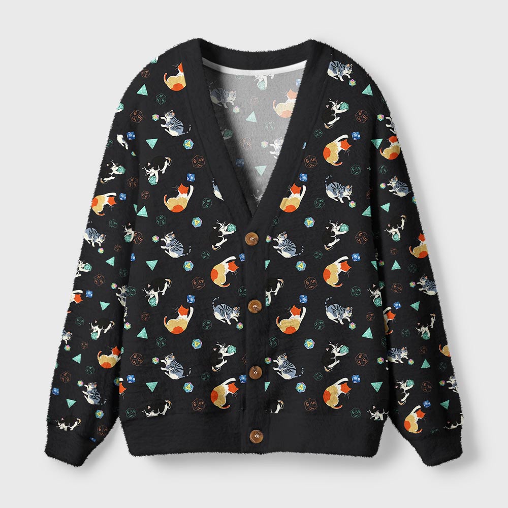 Feline Fun with DnD Dice Black Geek Ugly Cardigan Sweaters