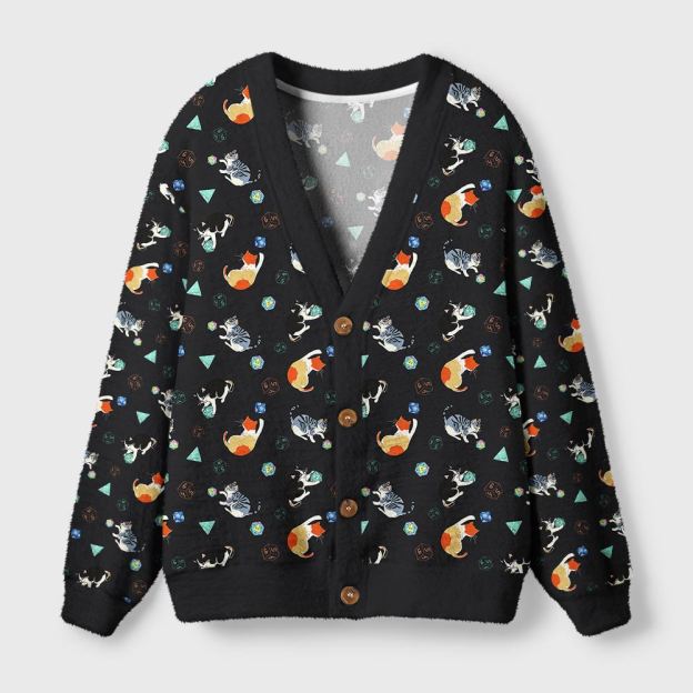 Feline Fun with DnD Dice Black Geek Ugly Cardigan Sweaters