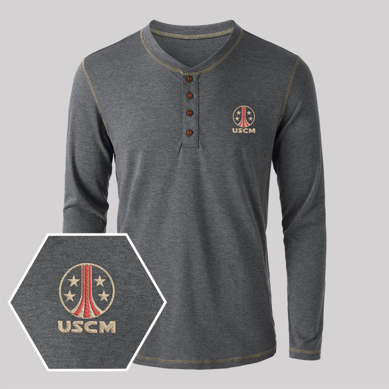 USCM Geek Embroidered Long Sleeve Henley Shirts