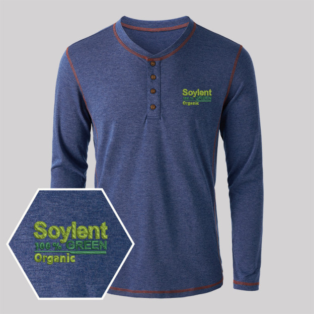 Soylent Green Geek Embroidered Long Sleeve Henley Shirts