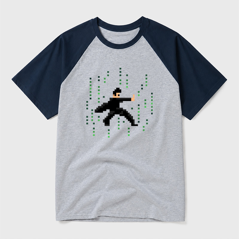 Pixel Green Code Matrix Hero Sci-Fi Geek Retro Raglan T-Shirt