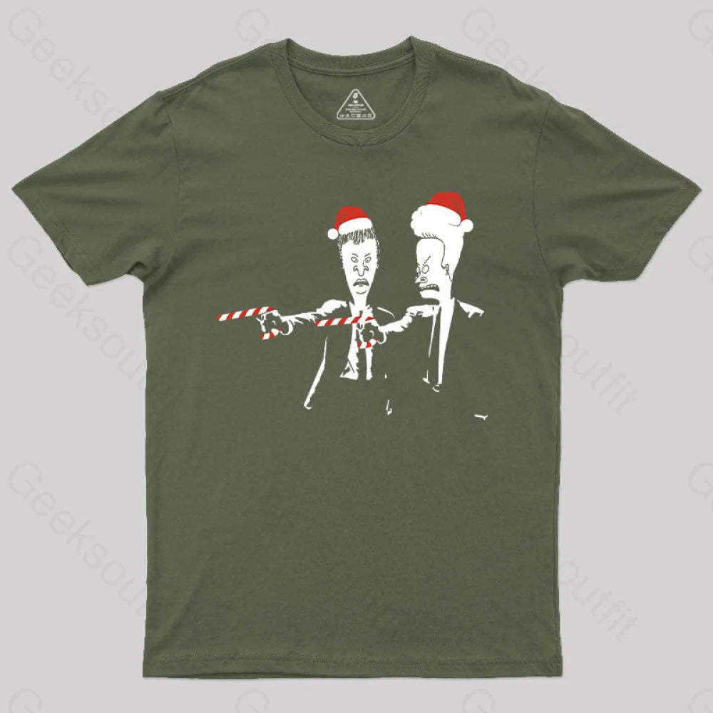 Beavis And Butthead Pulp Fiction Merry Christmas T-Shirt Army Green / S Yc