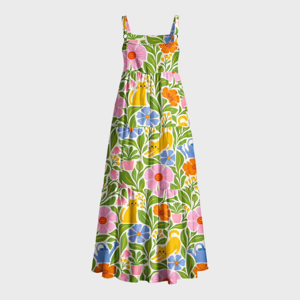 Ginger Cats & Garden Flowers Geek Tiered Cami Maxi Dress