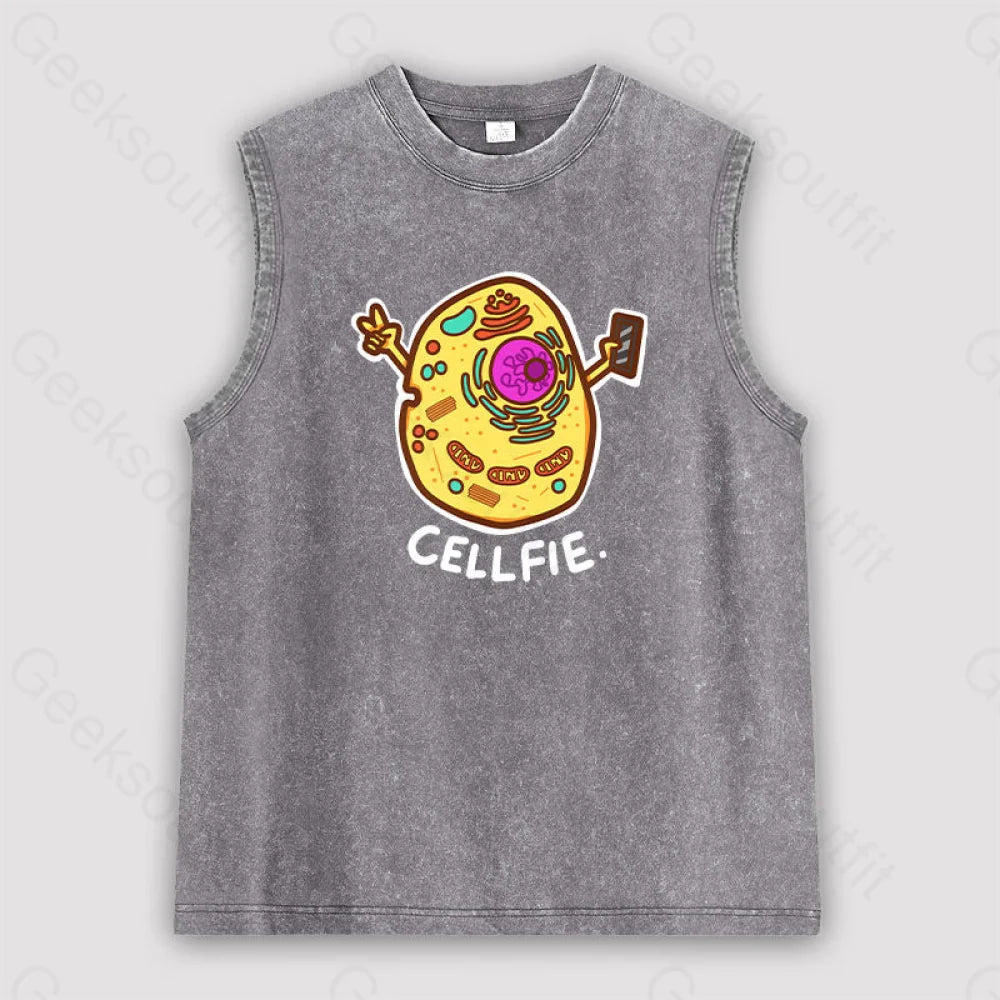 Biology Pun Cell-Fie Unisex Washed Tank Grey / S