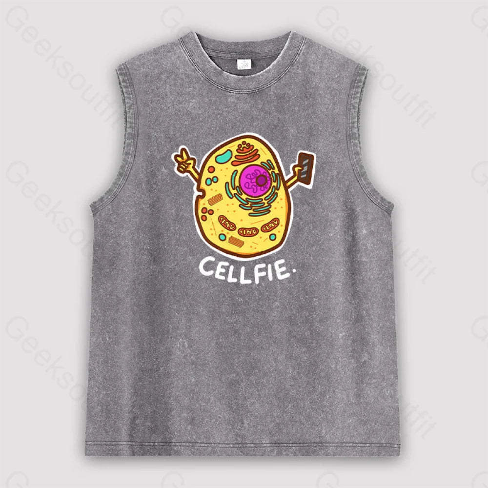 Biology Pun Cell-Fie Unisex Washed Tank Grey / S