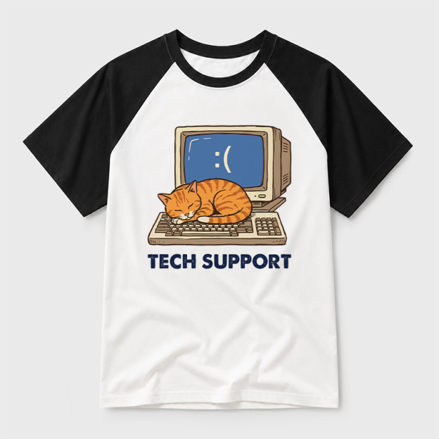 Tech Support Cat Geek Retro Raglan T-Shirt