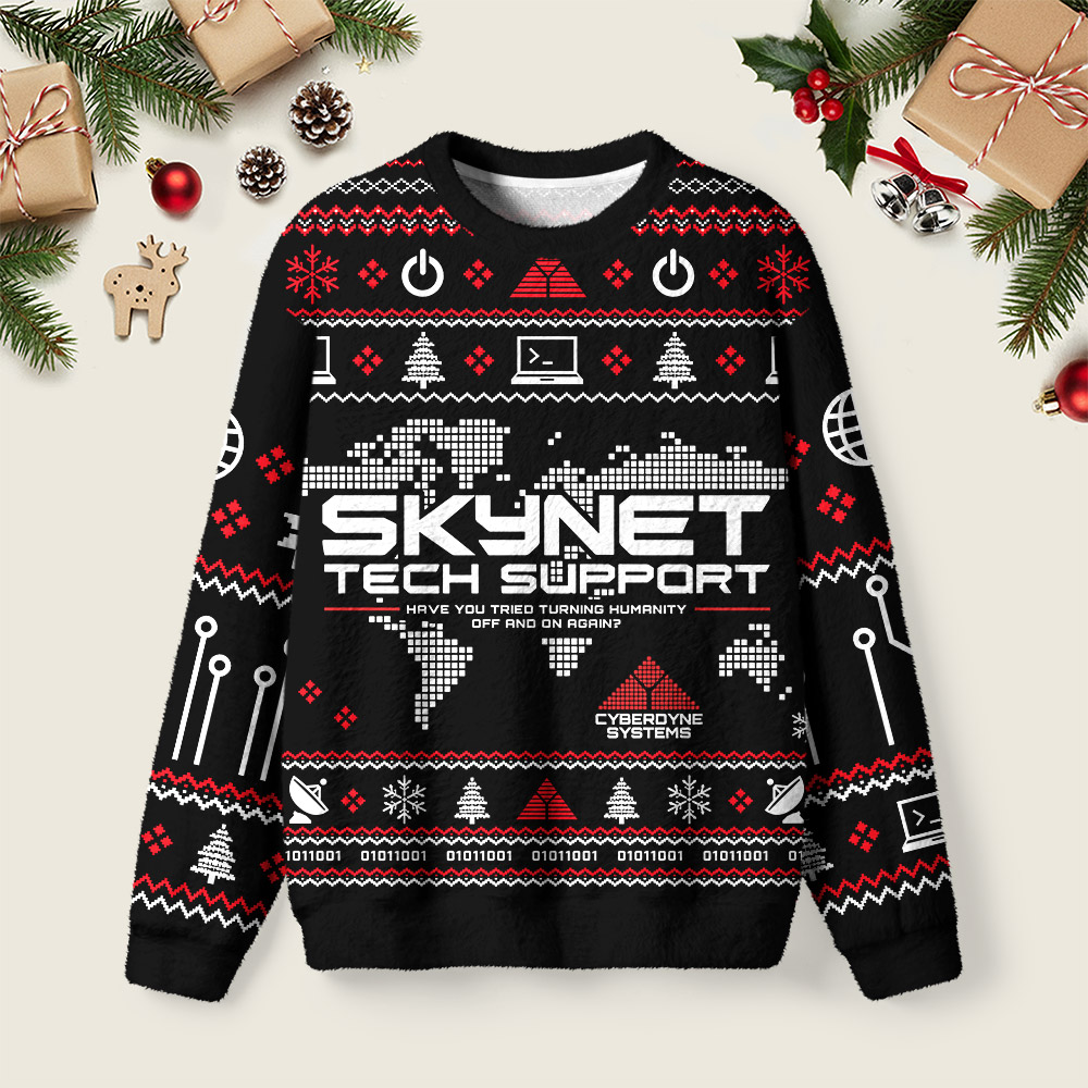 Skynet Tech Support Cyberdyne Systems Ugly Christmas Fuzzy Fleece Sweatshirt