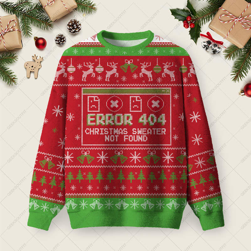 Geeksoutfit Error 404 Not Found Ugly Christmas Fuzzy Fleece Sweatshirt for Sale