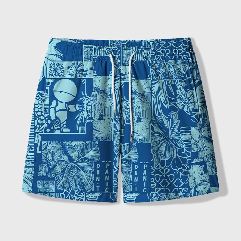 Don't Panic Blue Geek Hawaiian Swim Trunks