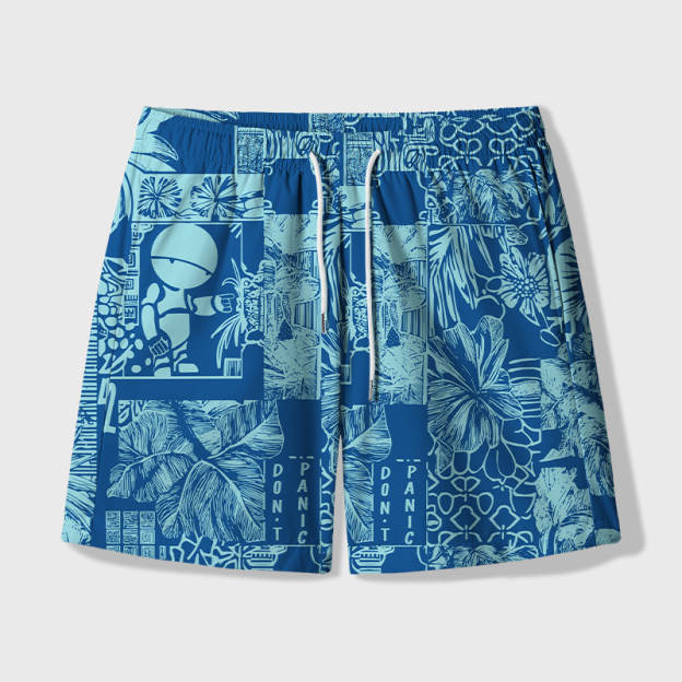 Don't Panic Blue Geek Hawaiian Swim Trunks