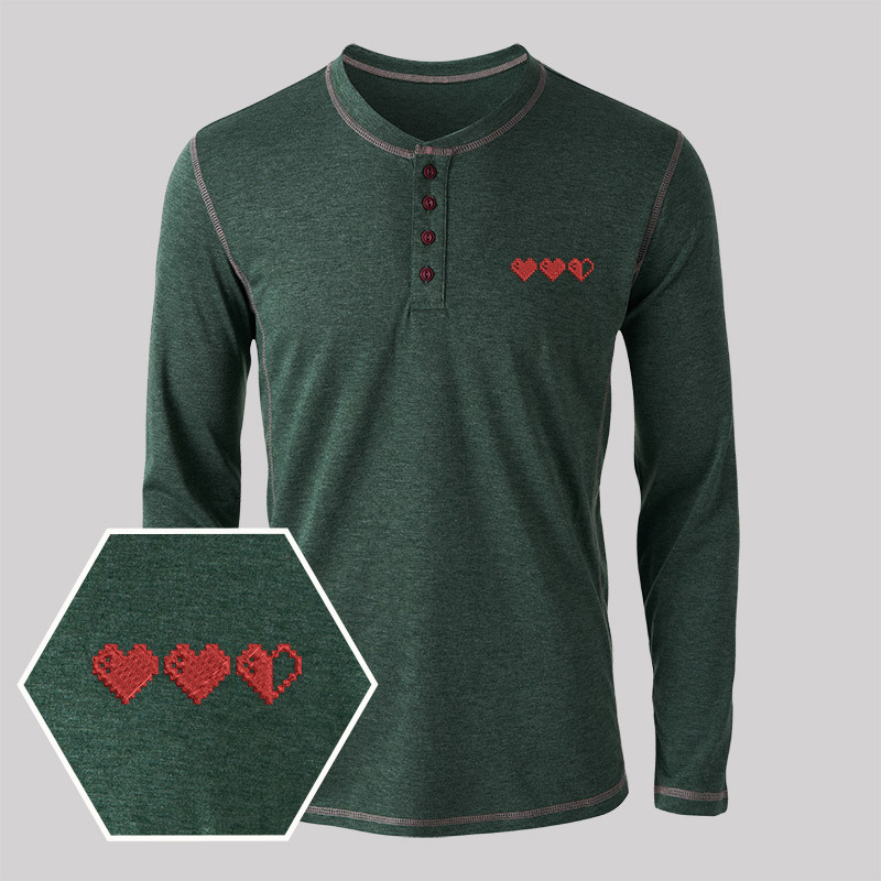 Pixel Hearts Geek Embroidered Long Sleeve Henley Shirts