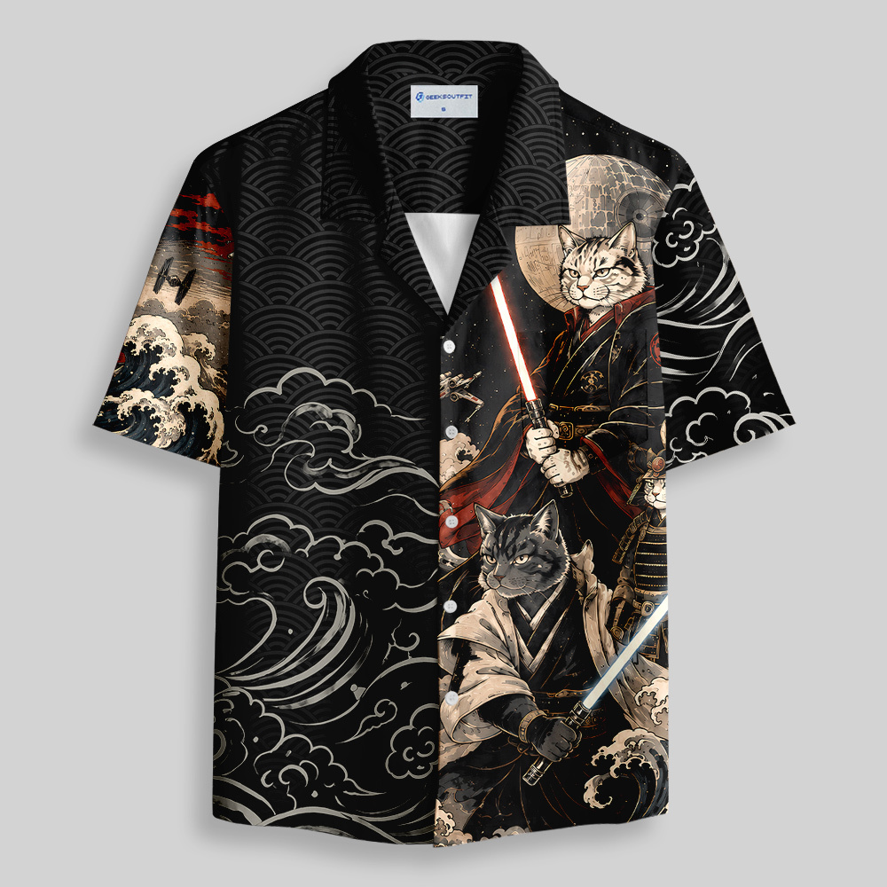 Geeksoutfit Vintage Ukiyo-e Samurai Cat Laser Sword Button Up Pocket Shirt for Sale