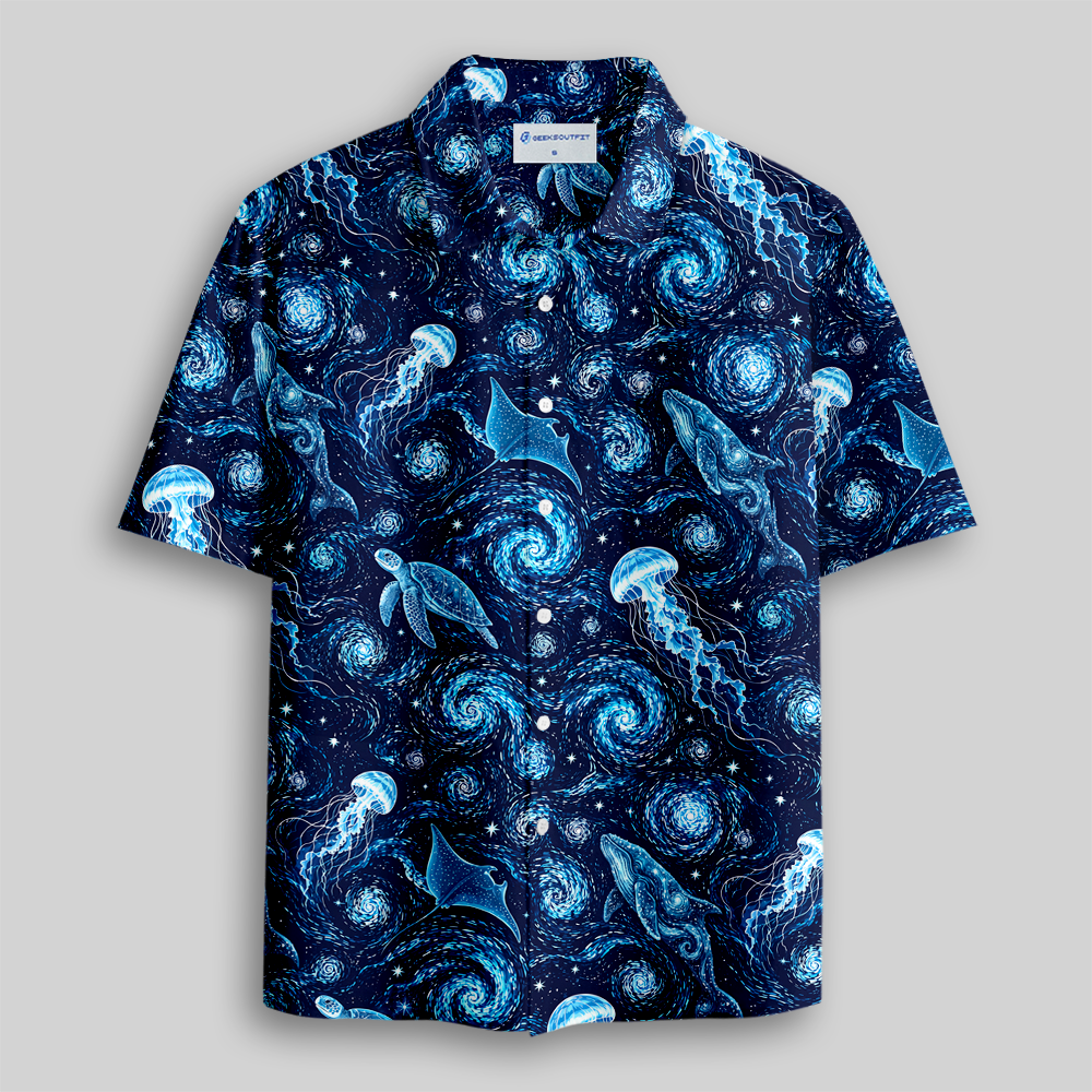 Cosmic Ocean Galaxy Sea Creatures Button Up Pocket Shirt