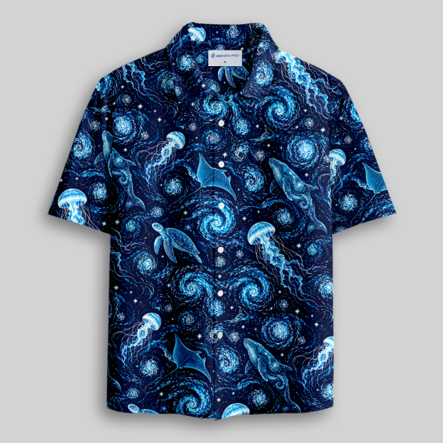 Cosmic Ocean Galaxy Sea Creatures Button Up Pocket Shirt
