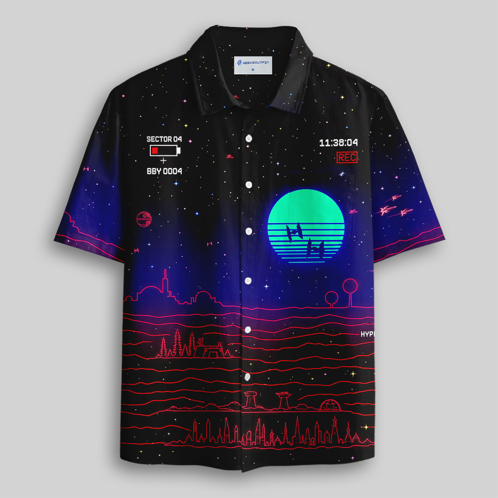 80s Synthwave Galactic Battle Shirt Neon Sunset Fighter Jet Button Up Pocket Shirt