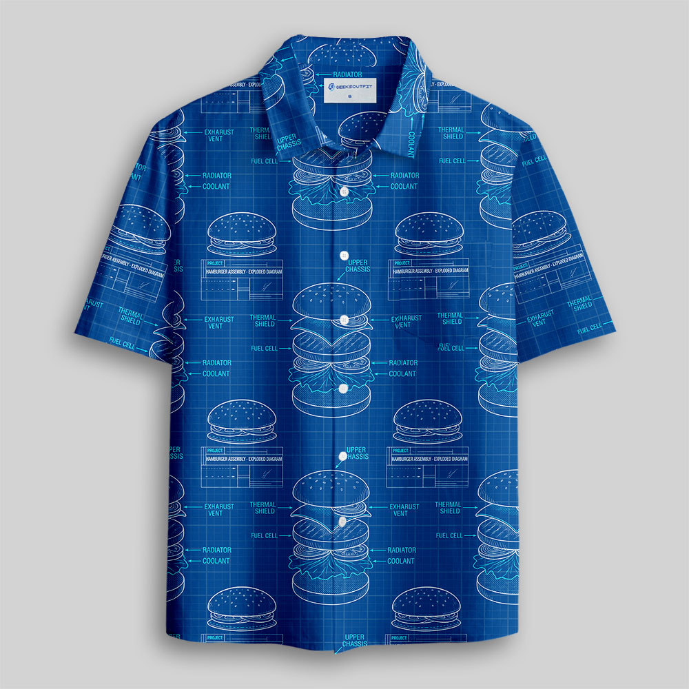 Geeksoutfit Burger Blueprint Button Up Pocket Shirt for Sale