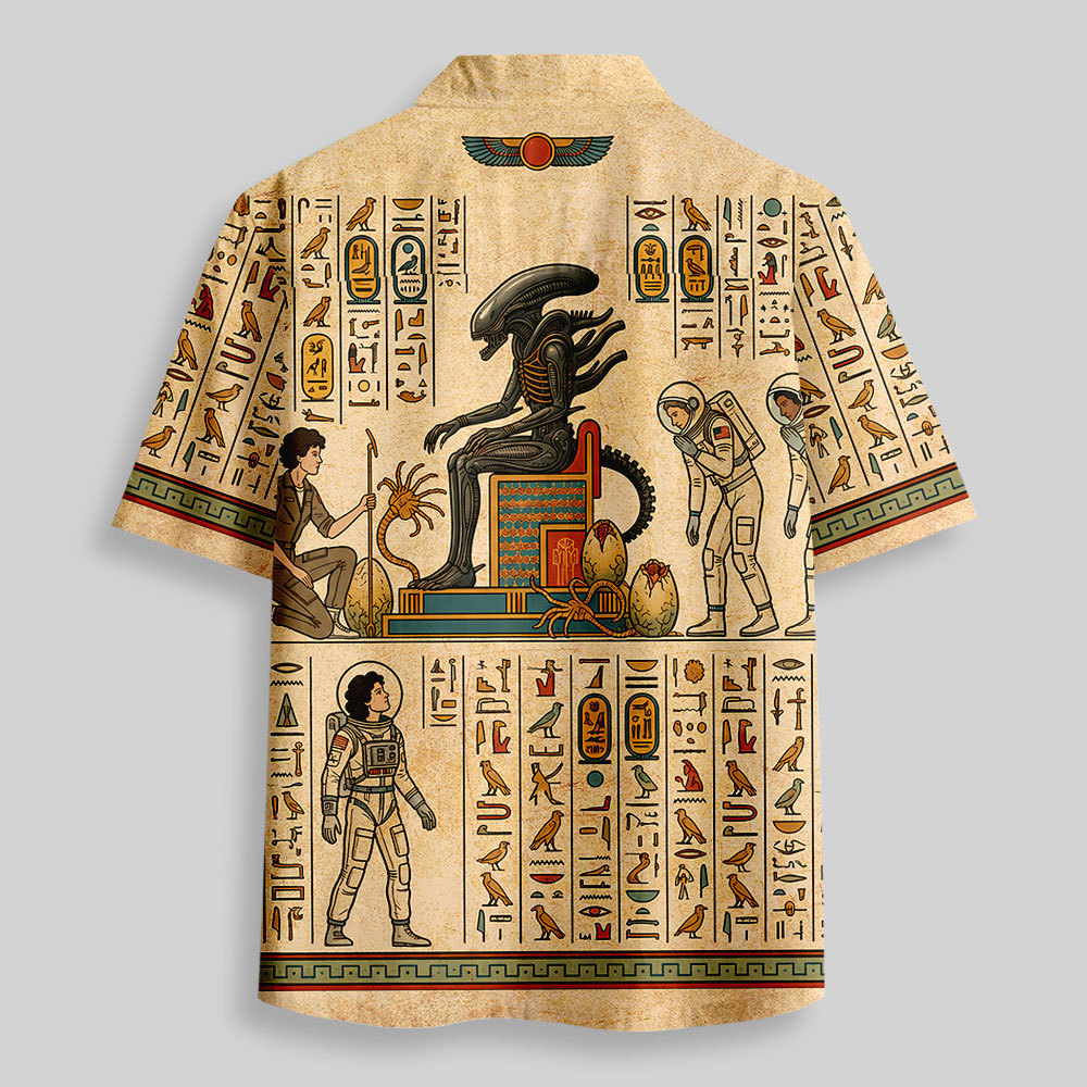 Alien Ancient Egyptian Hieroglyphic Art Button Up Pocket Shirt