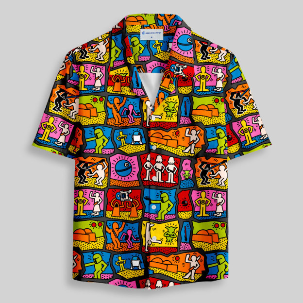 Twin Suns & Galaxy Panels Pop Art Button Up Pocket Shirt