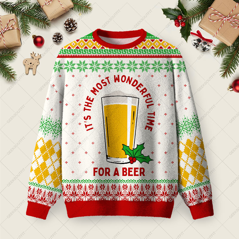 Geeksoutfit For a Beer Ugly Christmas Fuzzy Fleece Sweatshirt for Sale