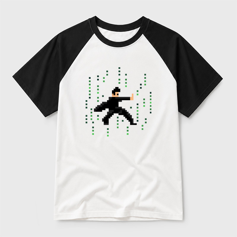 Pixel Green Code Matrix Hero Sci-Fi Geek Retro Raglan T-Shirt