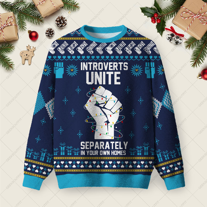 Geeksoutfit INTROVERTS UNITE Ugly Christmas Fuzzy Fleece Sweatshirt for Sale