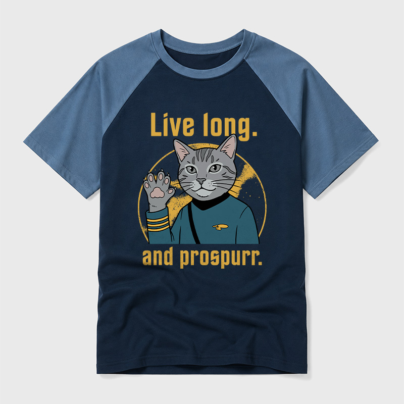 Live Long and Prospurr Vulcan Cat Geek Retro Raglan T-Shirt